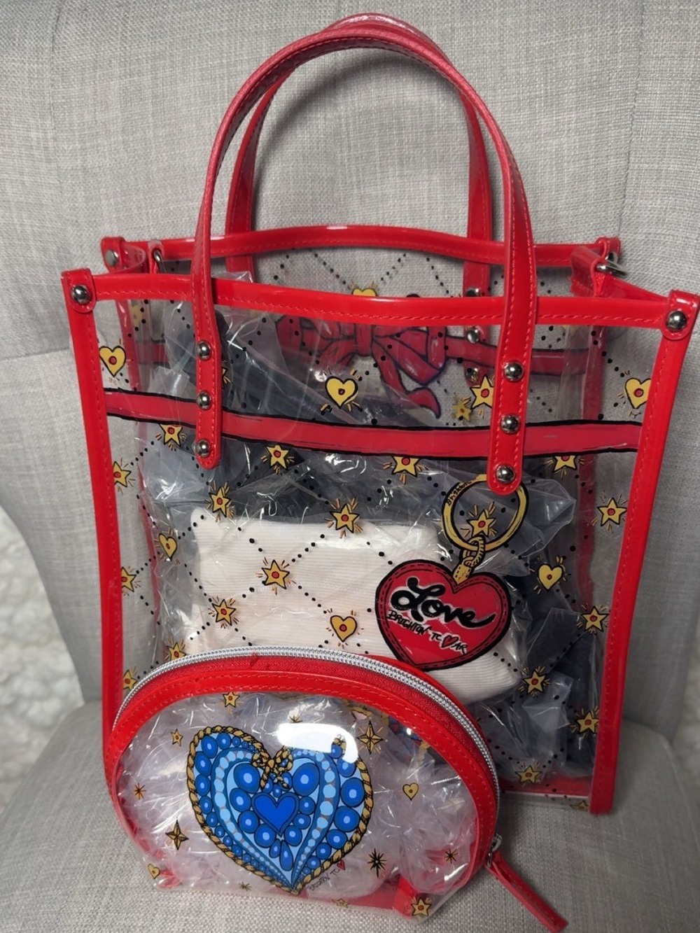 Brighton ,Clear Red Trim Tote Bag with Heart Motif,set